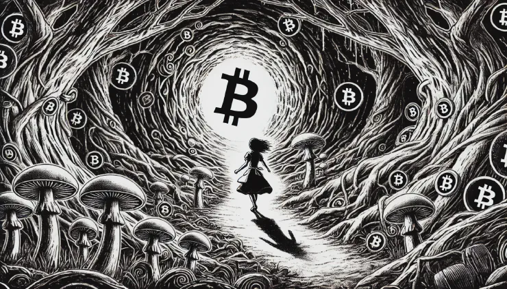 Uma menina indo em direção a toca do coelho do bitcoin