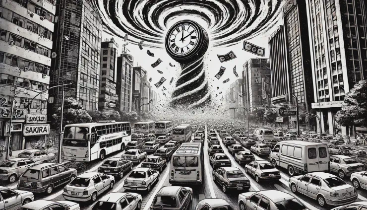 A traffic jam with a floating clock in the air